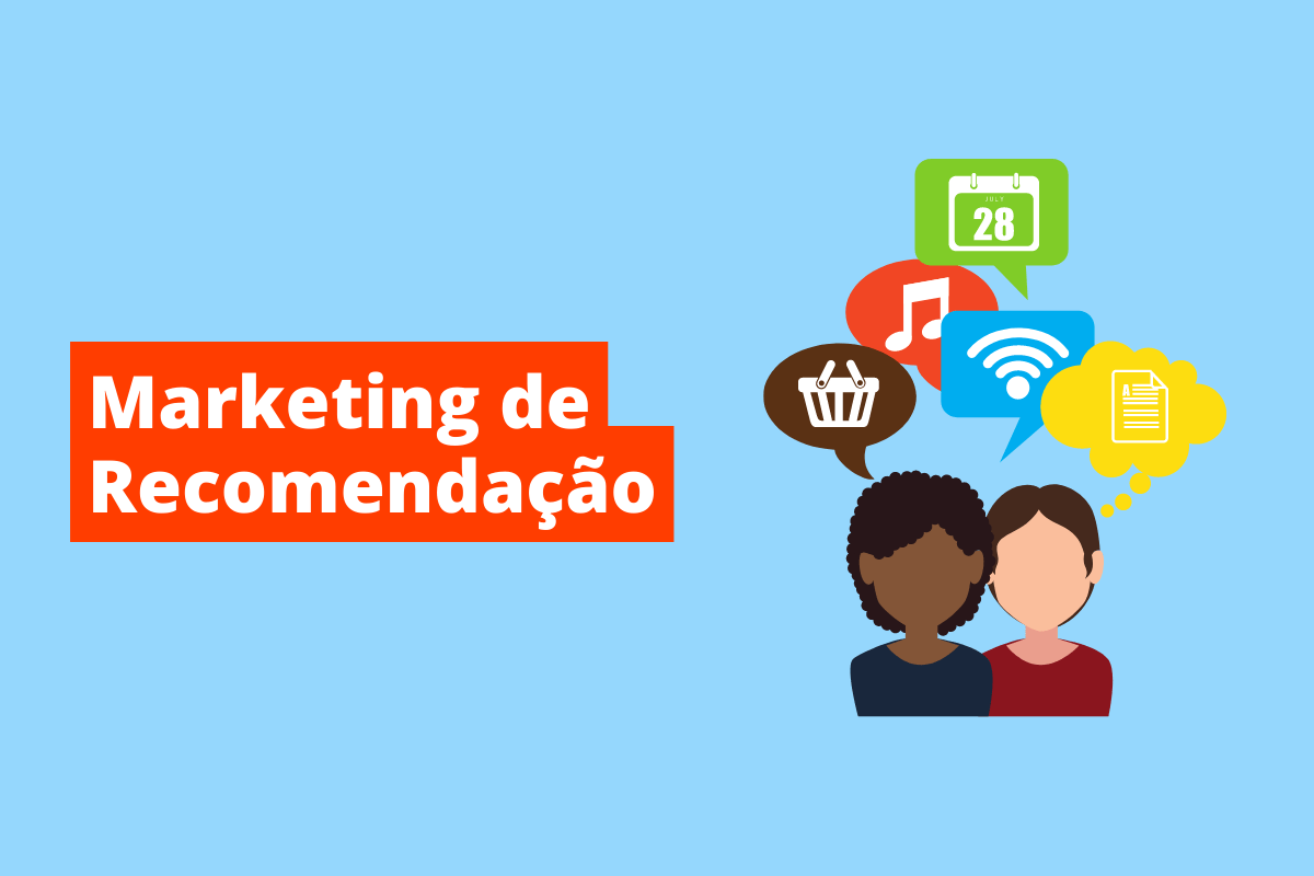 duas pessoas com vários balões de conversa em cima delas. O fundo da imagem é azul e tem-se escrito Marketing de Recomendação