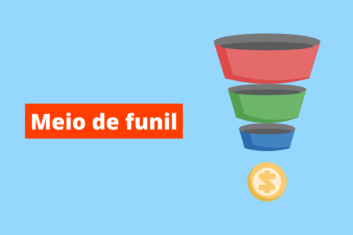imagem de um funil vermelho, verde e azul, com uma moeda no fundo. O fundo da imagem é azul e tem-se escrito Meio de funil