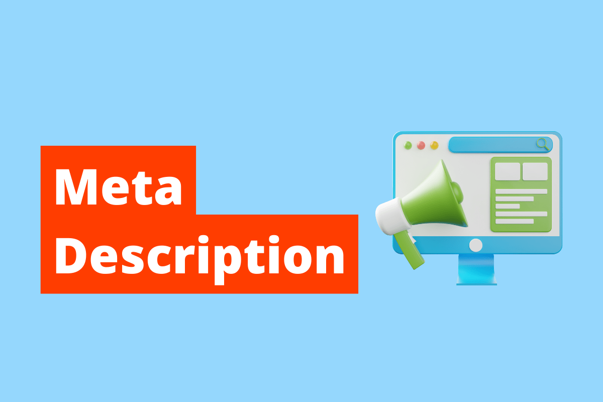 imagem de um megafone e de um monitor. O fundo da imagem é azul e tem-se escrito Meta Description