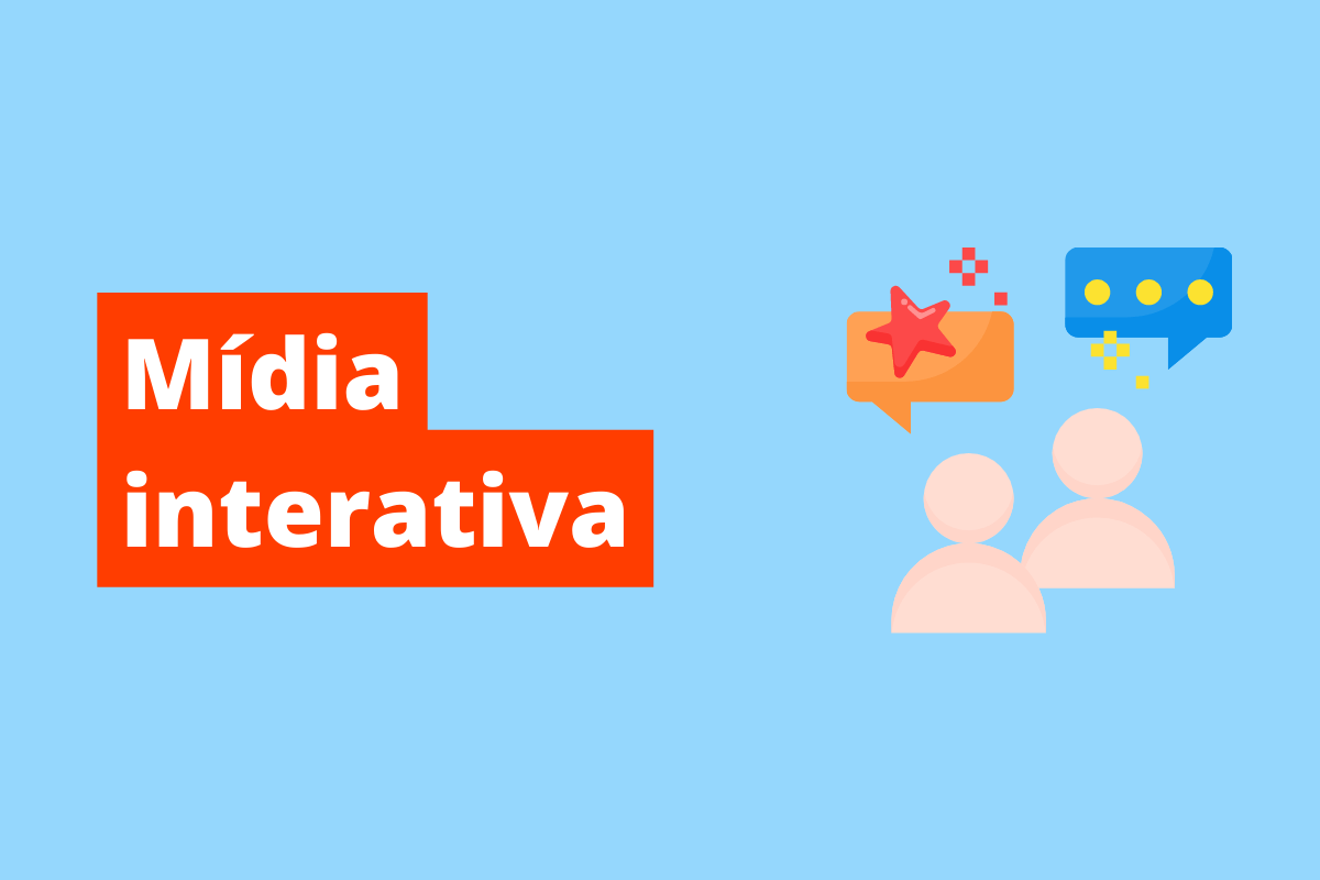 dois avatares, um com um símbolo de estrela em cima dele e outro com o símbolo de reticências. O fundo da imagem é azul e tem-se escrito Mídia interativa