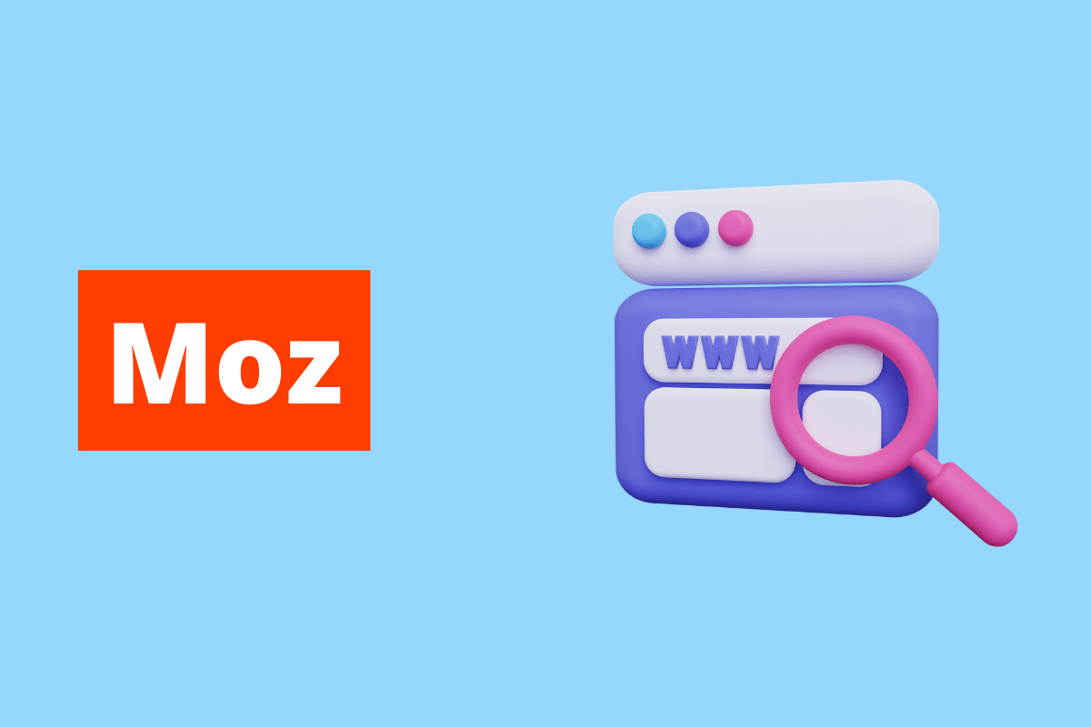 imagem de uma lupa e uma barra de pesquisa online. O fundo da imagem é azul e tem-se escrito Moz