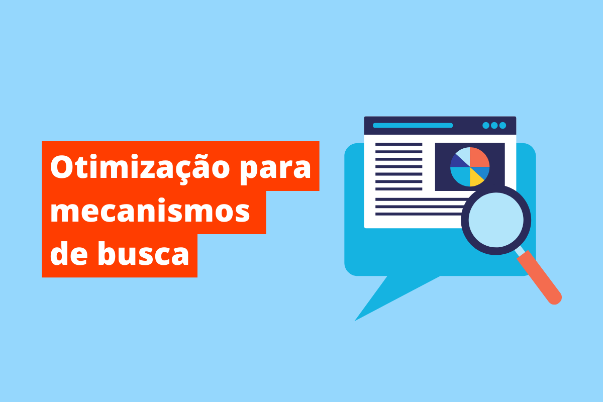 imagem de uma tela de pesquisa com uma lupa na ponta. O fundo da imagem é azul e tem-se escrito Otimização para mecanismos de busca
