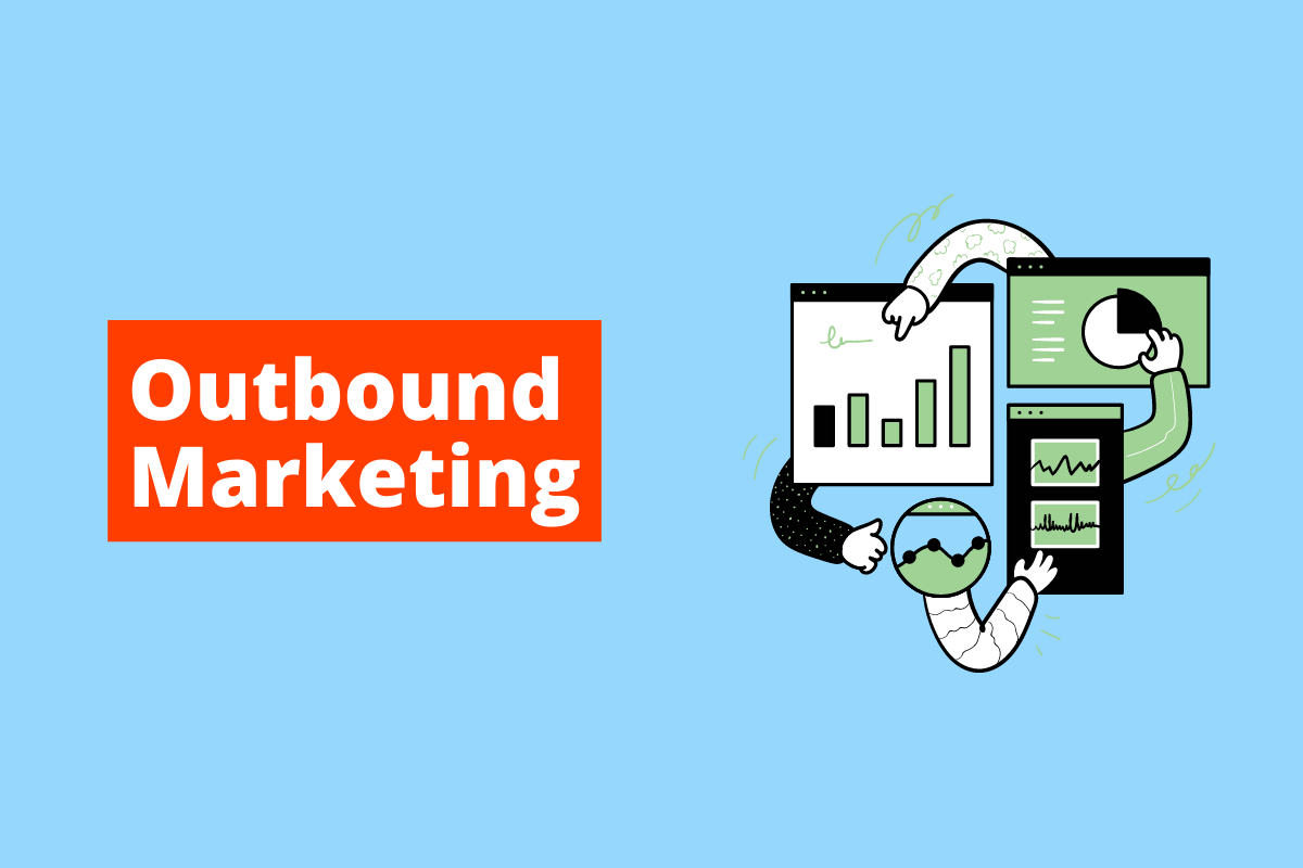 imagem de gráficos se relacionando entre si, por meio de mãos que apontam uns para os outros. O fundo da imagem é azul e tem-se escrito Outbound Marketing