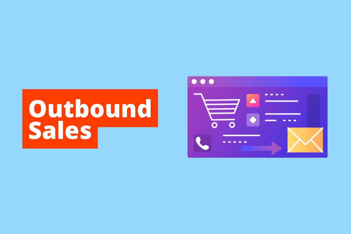 imagem de uma tela mostrando um carrinho de compras, ícone de telefone e de mensagem. O fundo da imagem é azul e tem-se escrito Outbound Sales