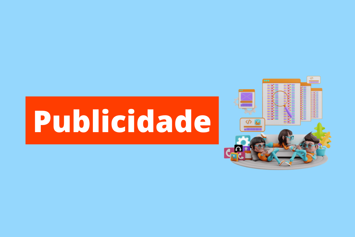 Jorge Moreno - Empreendedor Digital imagem de pessoas usando vários dispositivos e, em cima delas, há um ícone de relatório de pesquisa e uma lupa. O fundo da imagem é azul e tem-se escrito Publicidade