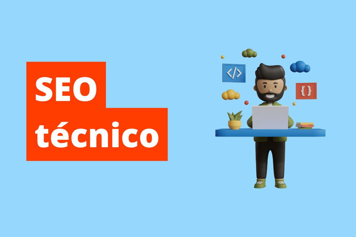 imagem de um homem trabalhando no laptop em pé e vários símbolos referentes a internet ao seu redor. O fundo da imagem é azul e tem-se escrito SEO técnico
