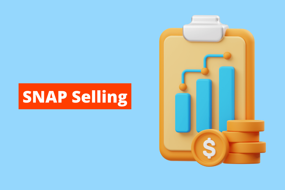 imagem de uma prancheta com um gráfico e um bloco de moedas. O fundo da imagem é azul e tem-se escrito SNAP Selling