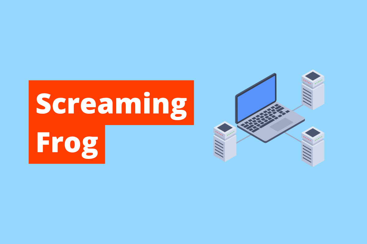 imagem de um laptop conectado a 3 pilares. O fundo da imagem é azul e tem-se escrito Screaming Frog