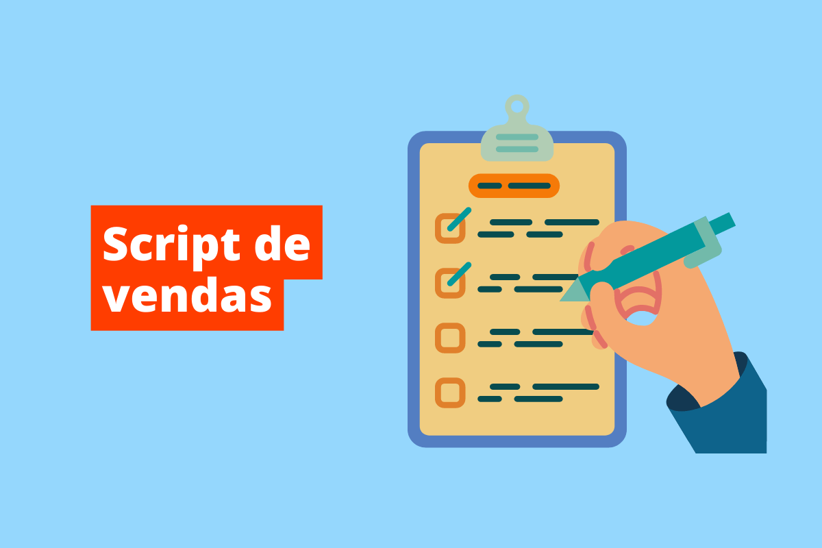 imagem de uma prancheta com um checklist, onde uma mão está marcando os blocos. O fundo da imagem é azul e tem-se escrito Script de vendas