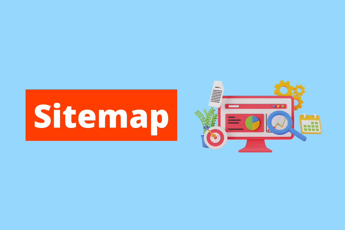 imagem de um monitor e, à sua volta, há vários elementos referentes ao mundo online. O fundo da imagem é azul e tem-se escrito Sitemap