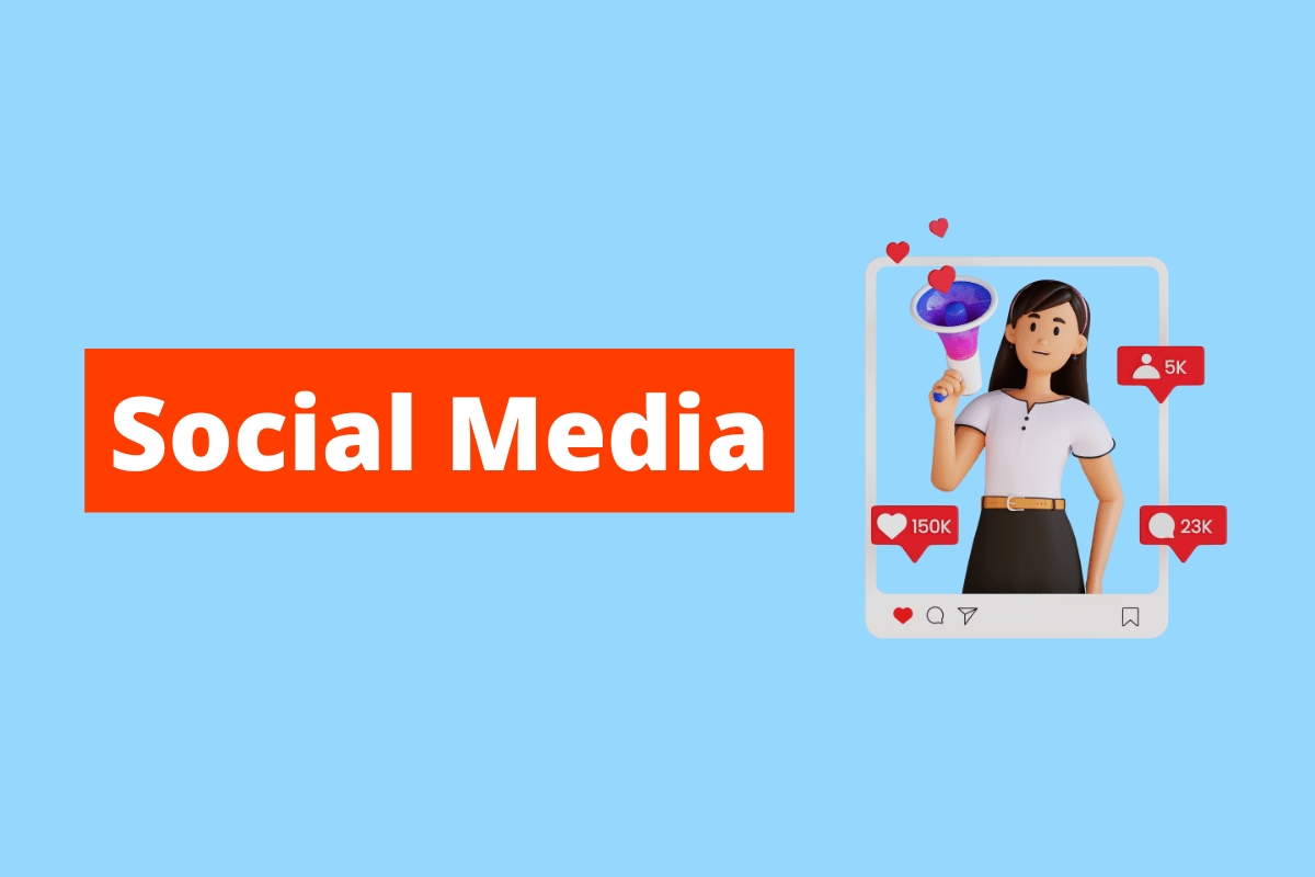 imagem de uma mulher dentro de uma tela, segurando um megafone. Em volta dela há diversos balões de coração. O fundo da imagem é azul e tem-se escrito Social media