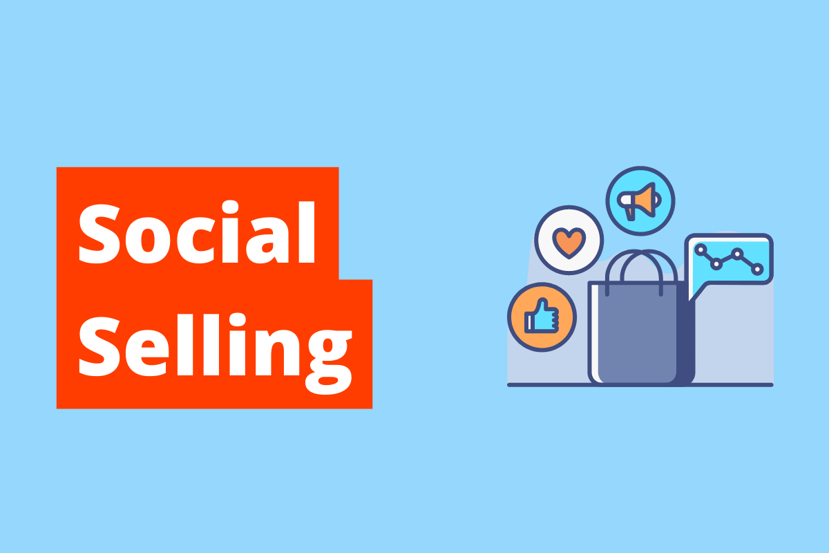 imagem de uma sacola e vários símbolos referentes às redes sociais. O fundo da imagem é azul e tem-se escrito Social selling