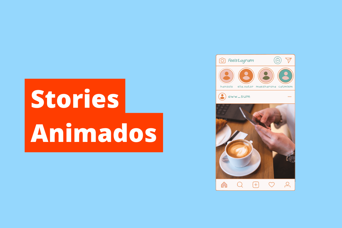 print de uma postagem no instagram, onde uma pessoa tira foto de uma xícara de café. O fundo da imagem é azul e tem-se escrito Stories animados