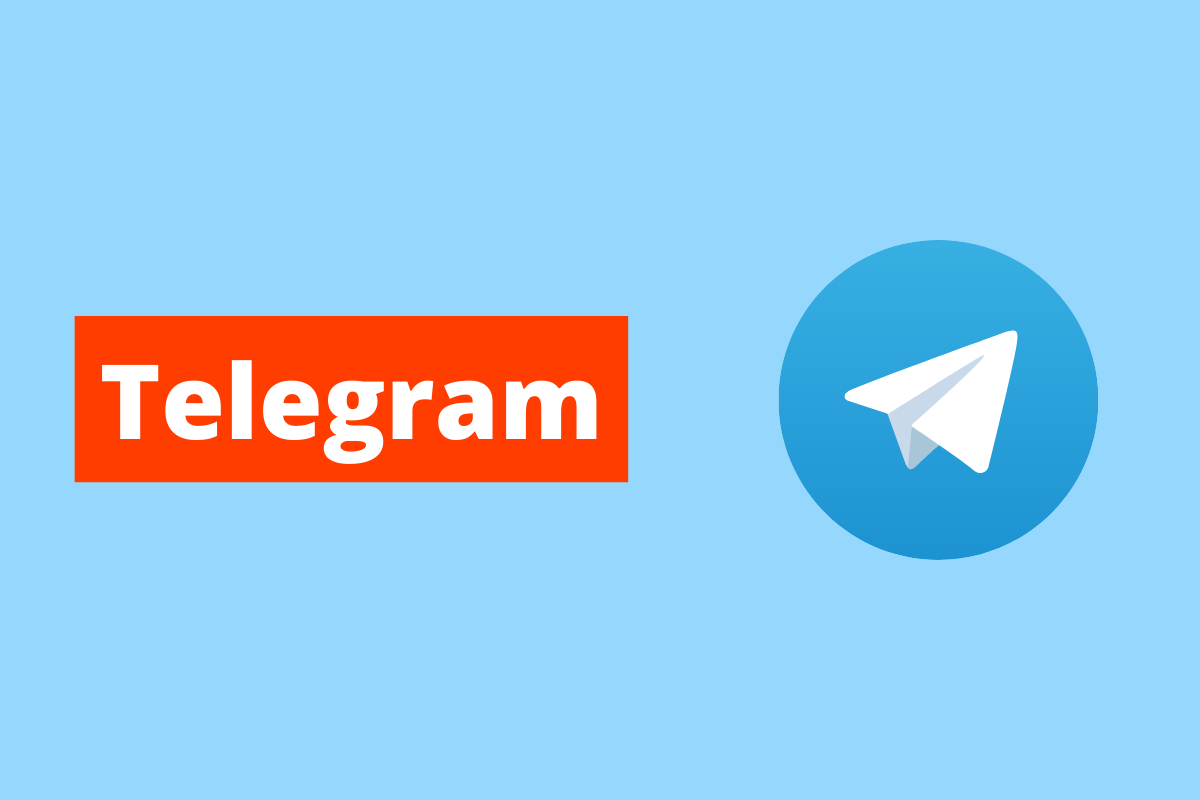 símbolo do telegram. O fundo da imagem é azul e tem-se escrito Telegram