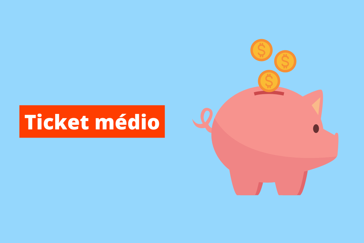 imagem de um cofre no formato de porco. O fundo da imagem é azul e tem-se escrito Ticket médio