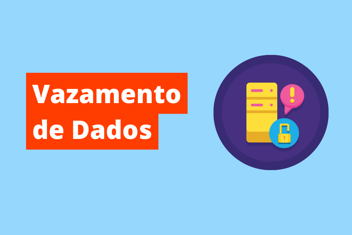 imagem de uma aba online, um cadeado e um símbolo de alerta. O fundo da imagem é azul e tem-se escrito Vazamento de dados