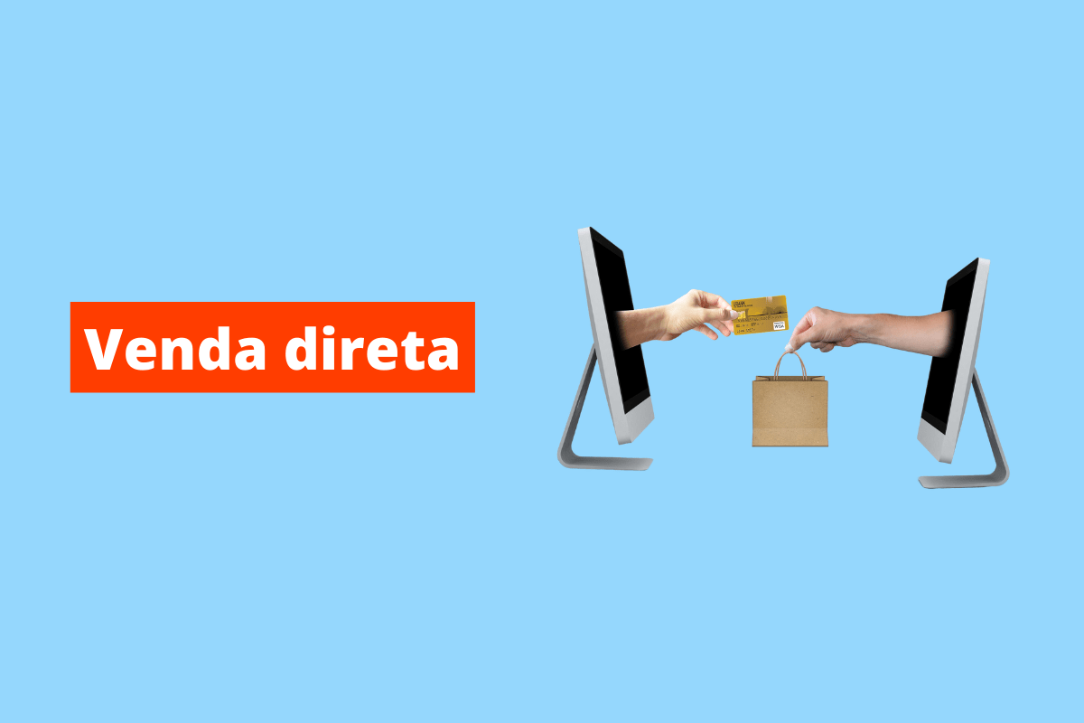 imagem de dois monitores, um do lado do outro. De um sai uma mão com cartão e, de outro, uma mão com uma sacola. O fundo da imagem é azul e tem-se escrito Venda direta