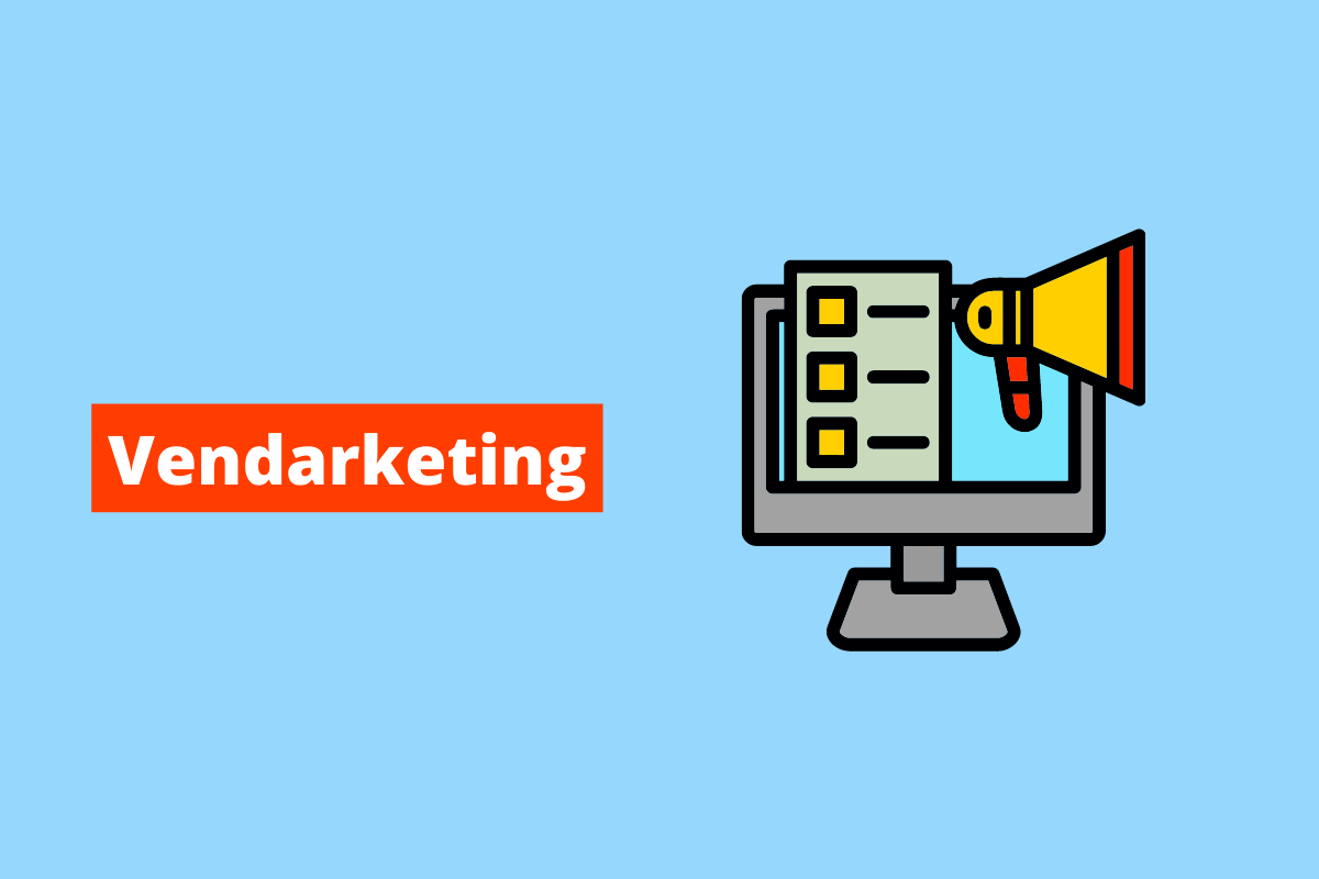 imagem de um monitor com um megafone saindo dele, junto com uma lista de tarefas. O fundo da imagem é azul e tem-se escrito Vendarketing