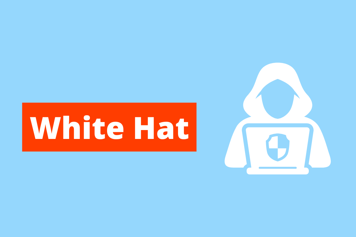 imagem branca de uma pessoa de capuz usando o computador. O fundo da imagem é azul e tem-se escrito White Hat