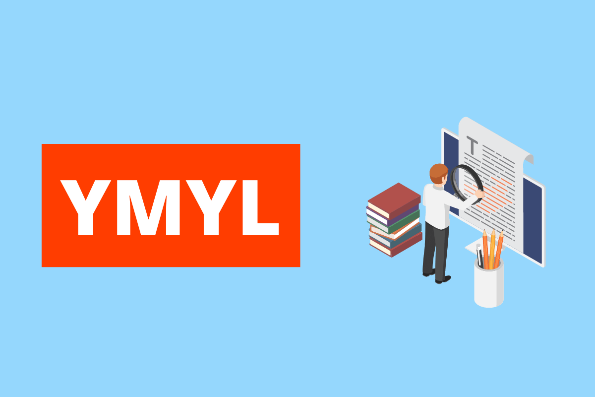 ilustração de um homem com uma lupa gigante lendo uma página. A imagem tem fundo branco e tem YMYL escrito