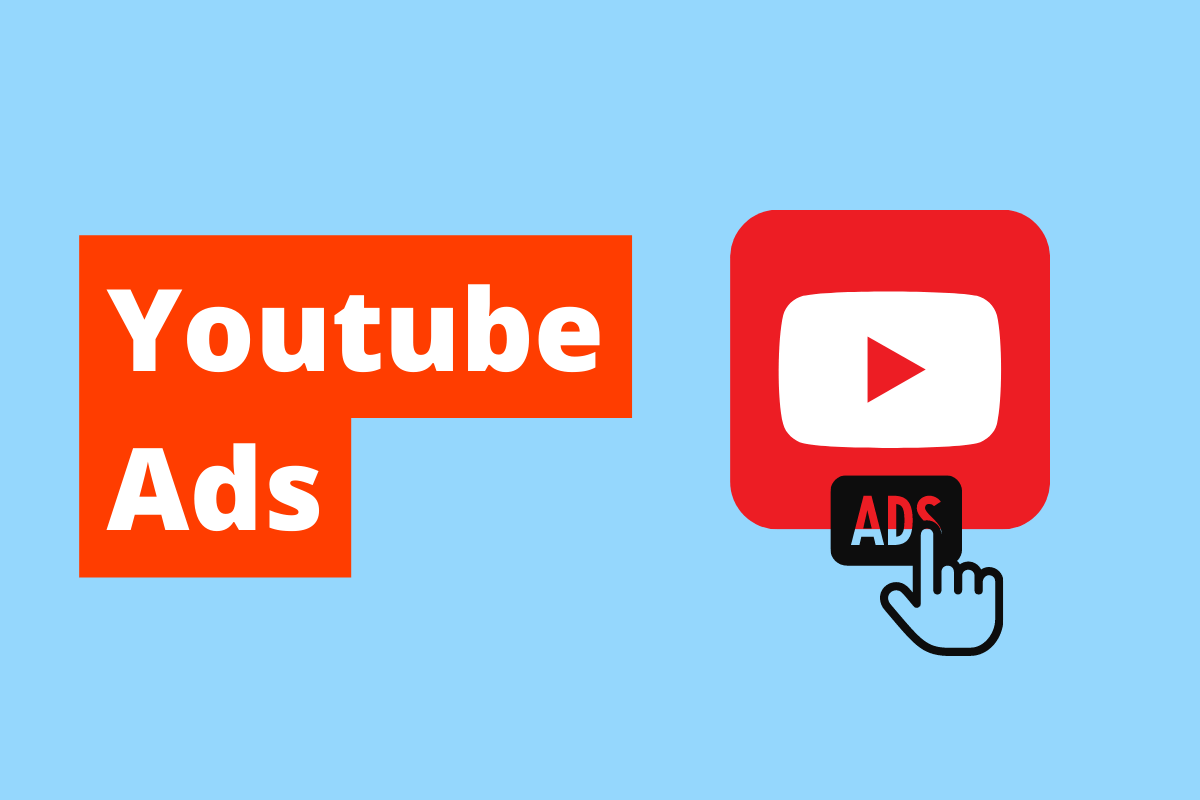 símbolo do youtube com o nome ads em cima dele. O fundo da imagem é azul e tem-se escrito Youtube Ads