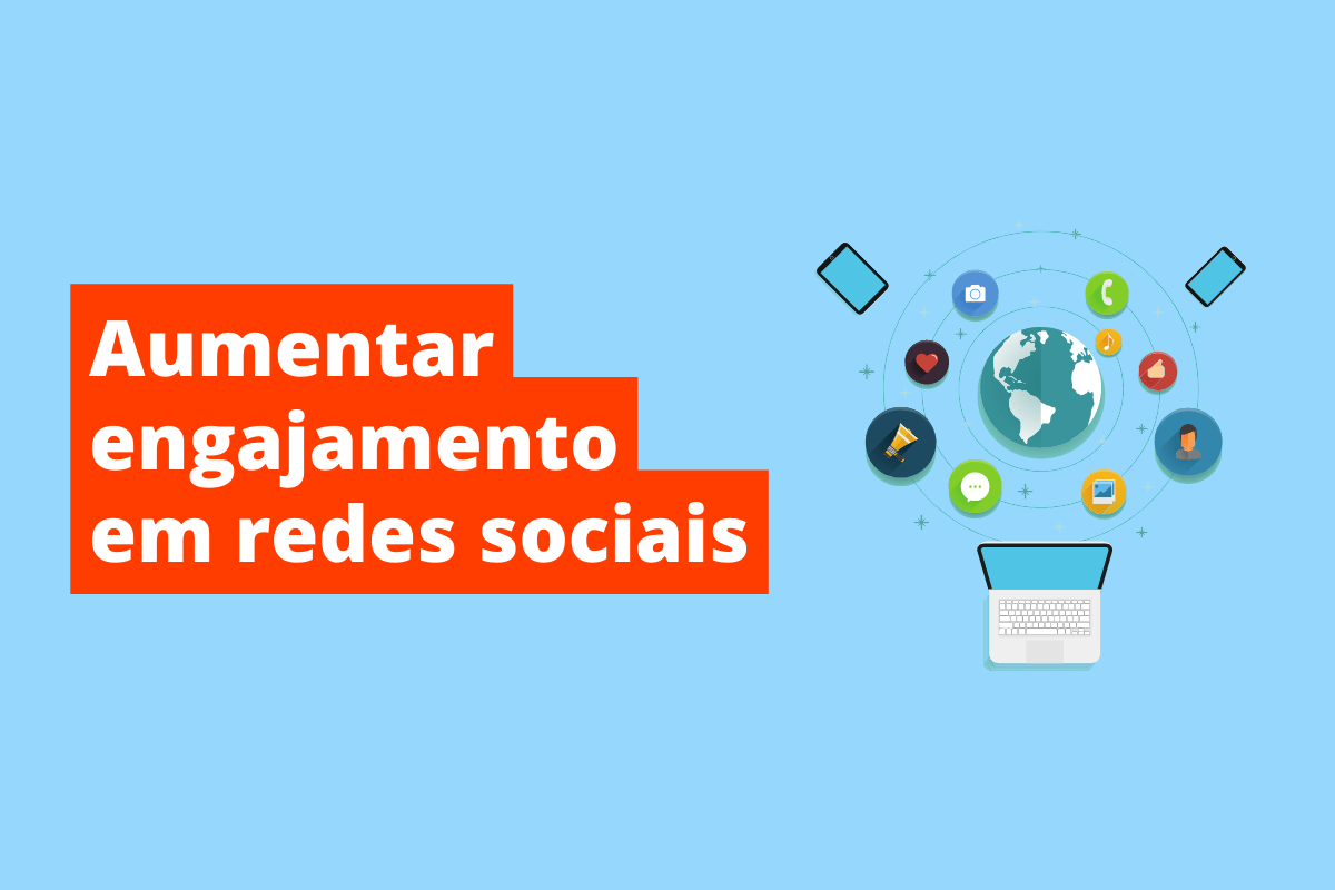 notebook e, em cima dele, vários ícones que representem o universo online. O fundo da imagem é azul e tem-se escrito aumentar engajamento em redes sociais