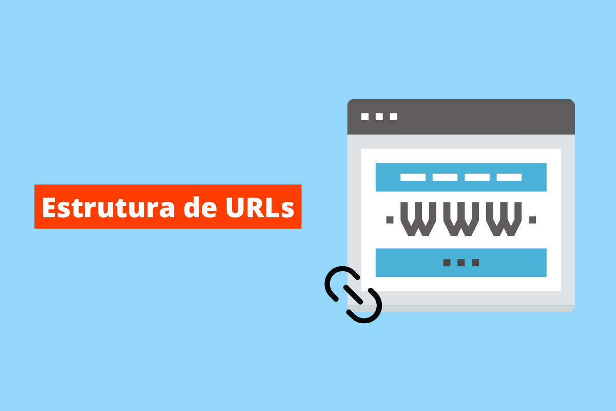 página online. O fundo da imagem é azul e tem-se escrito Estrutura de URLs