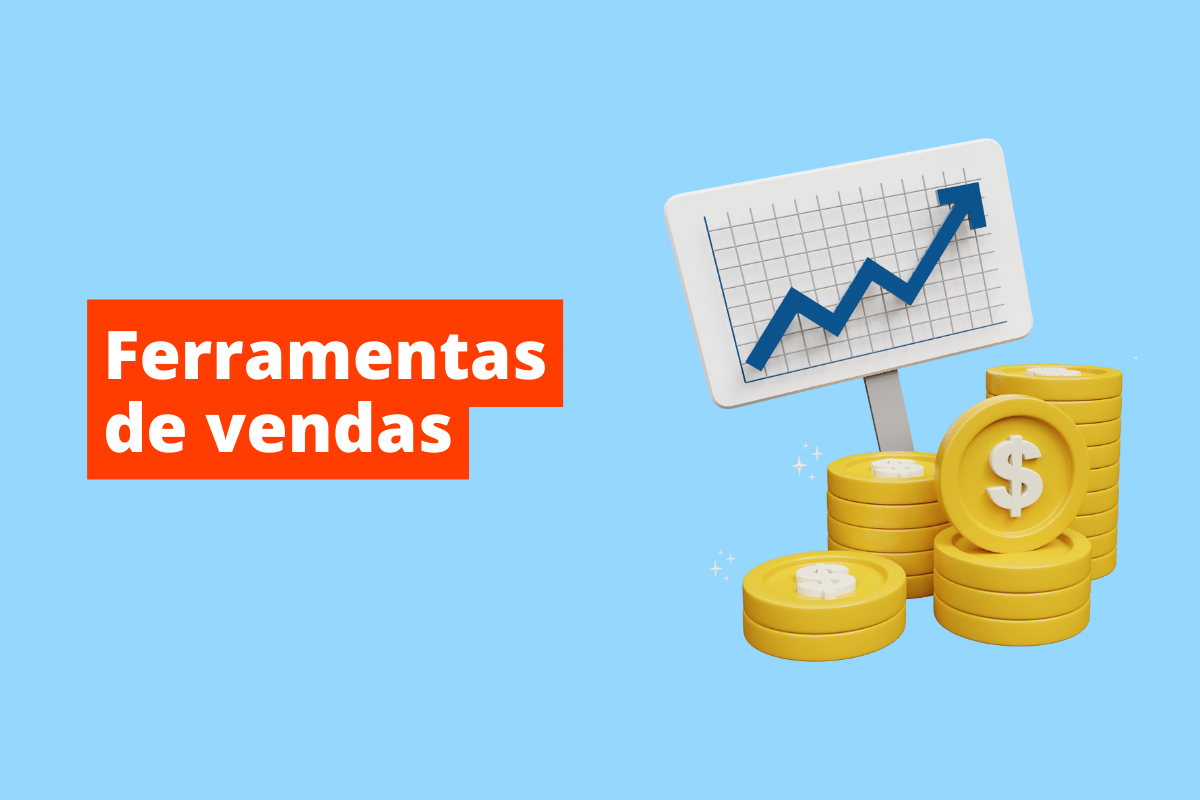 uma placa de um gráfico do lado de várias moedas umas em cima das outras. O fundo da imagem é azul e tem-se escrito ferramentas de vendas