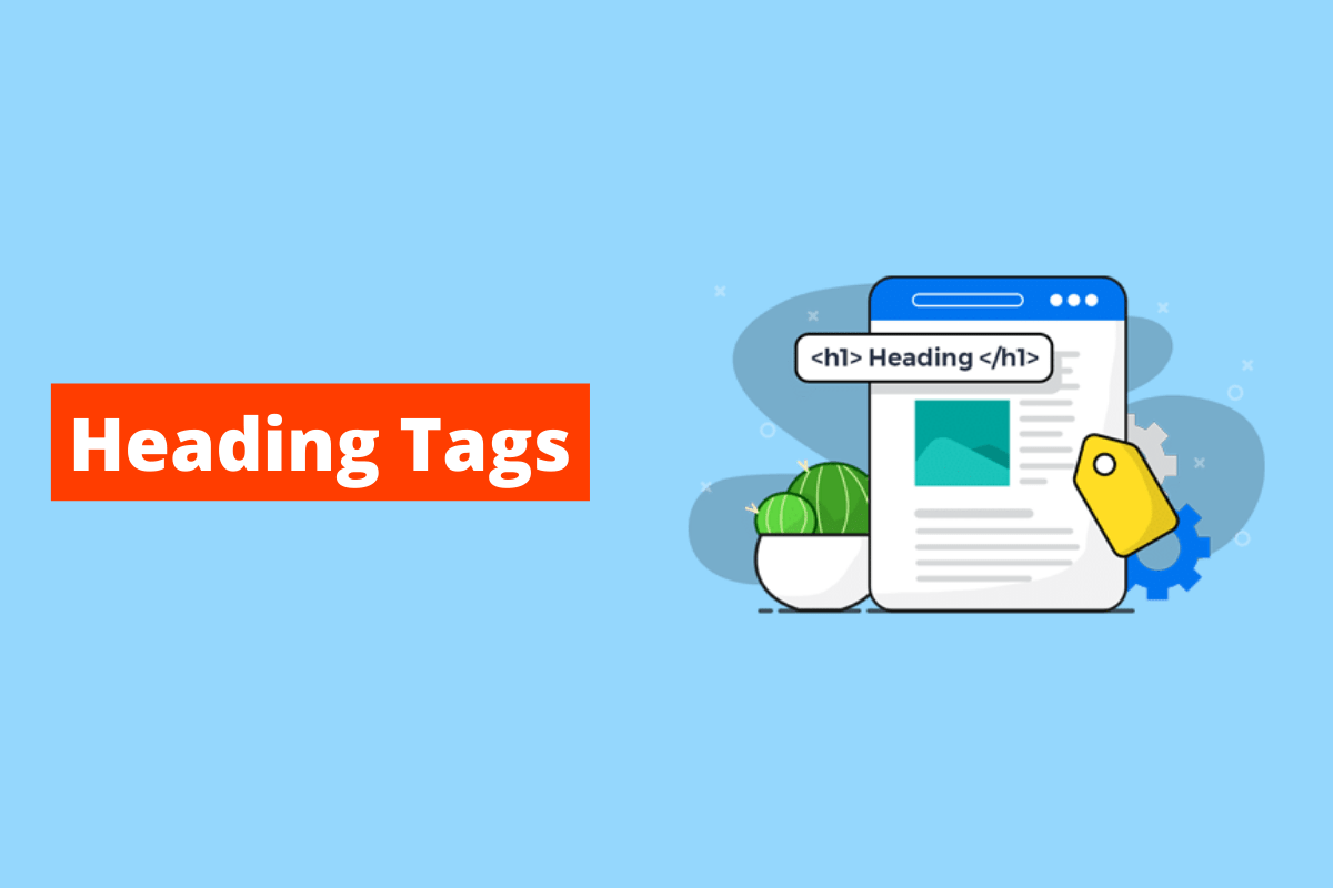 página online com uma etiqueta amarela do lado. O fundo da imagem é azul e tem-se escrito heading tags