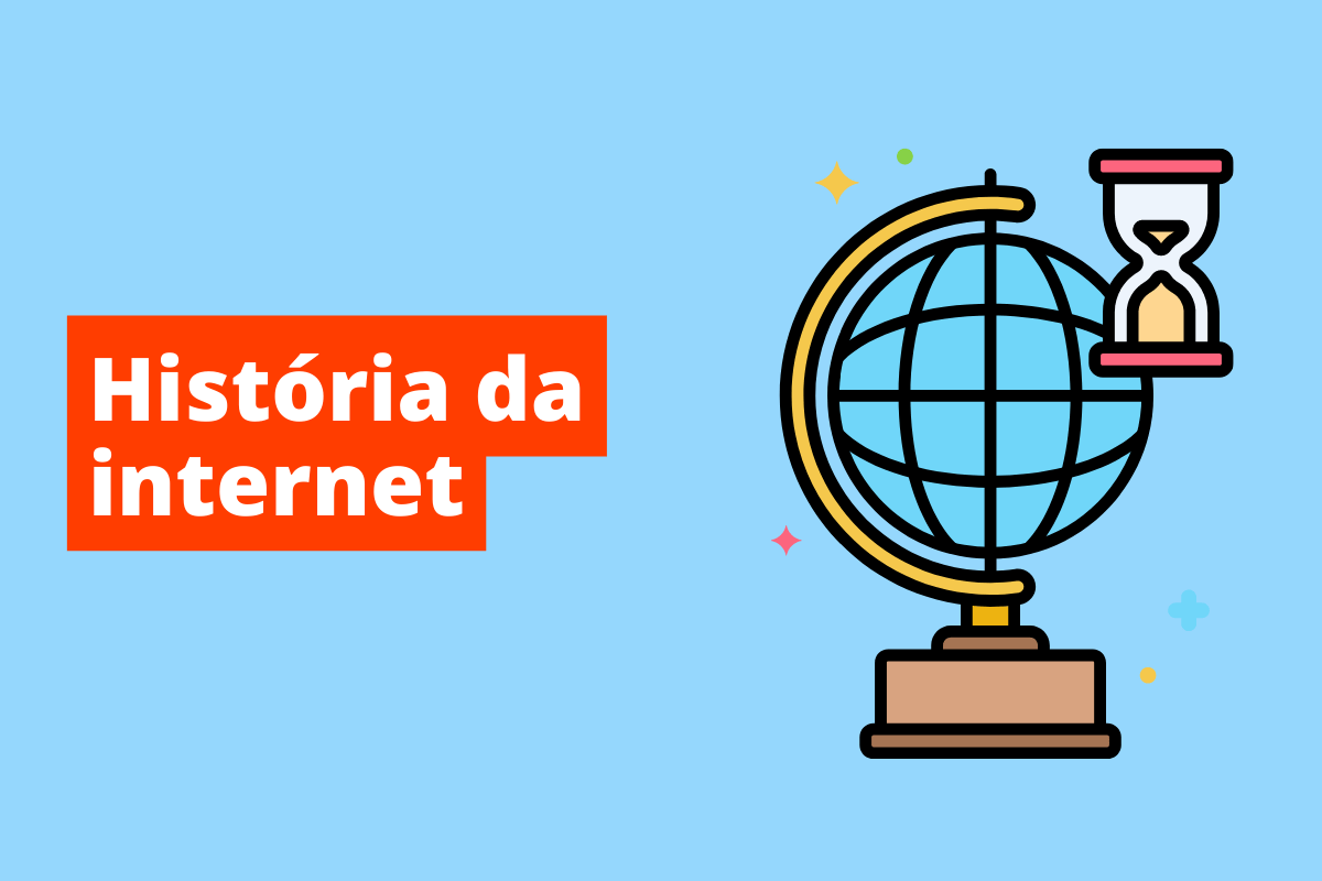 globo do lado de uma ampulheta. O fundo da imagem é azul e tem-se escrito história da internet