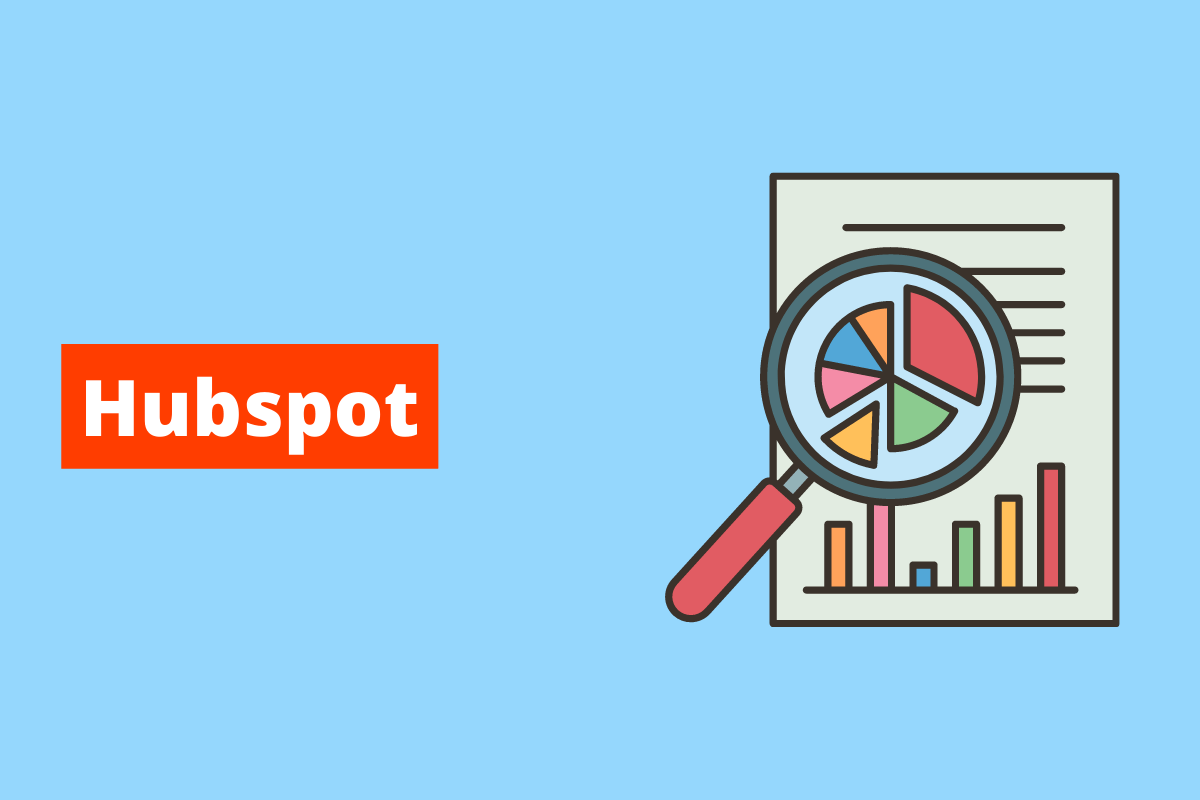 relatório com uma lupa em cima dele. O fundo da imagem é azul e tem-se escrito hubspot