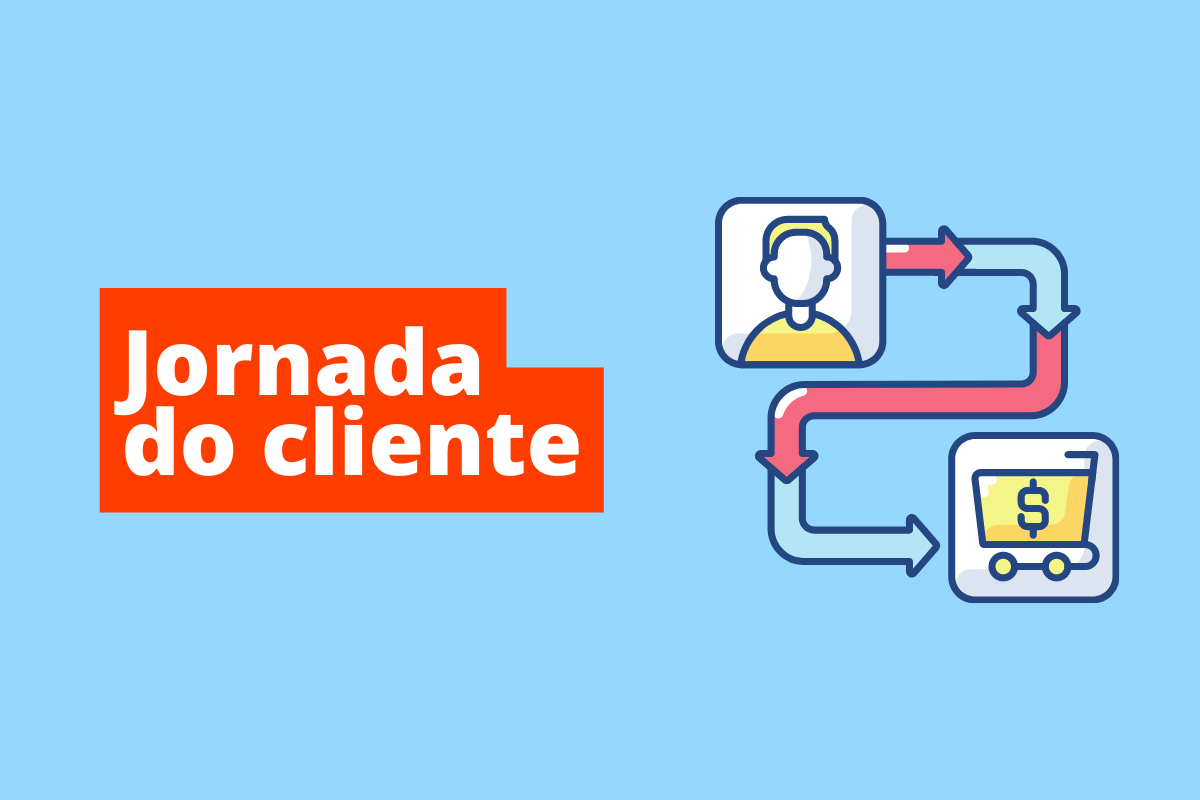 imagem de um ícone de pessoa se ligando a um ícone de carrinho de compras. O fundo da imagem é azul e tem-se escrito jornada do cliente