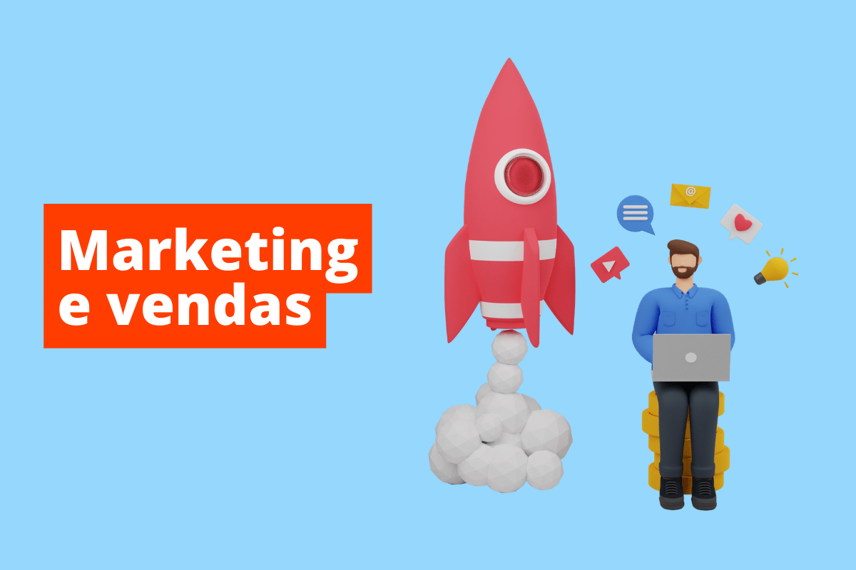 imagem de um foguete vermelho decolando e um homem usando um laptop. O fundo da imagem é azul e tem-se escrito marketing e vendas