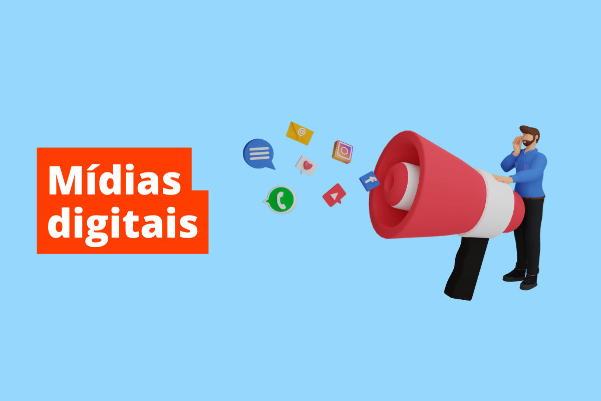 homem perto de um megafone gigante. O fundo da imagem é azul e tem-se escrito mídias digitais