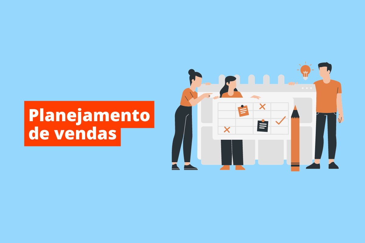 pessoas segurando um calendário gigante. O fundo da imagem é azul e tem-se escrito planejamento de vendas
