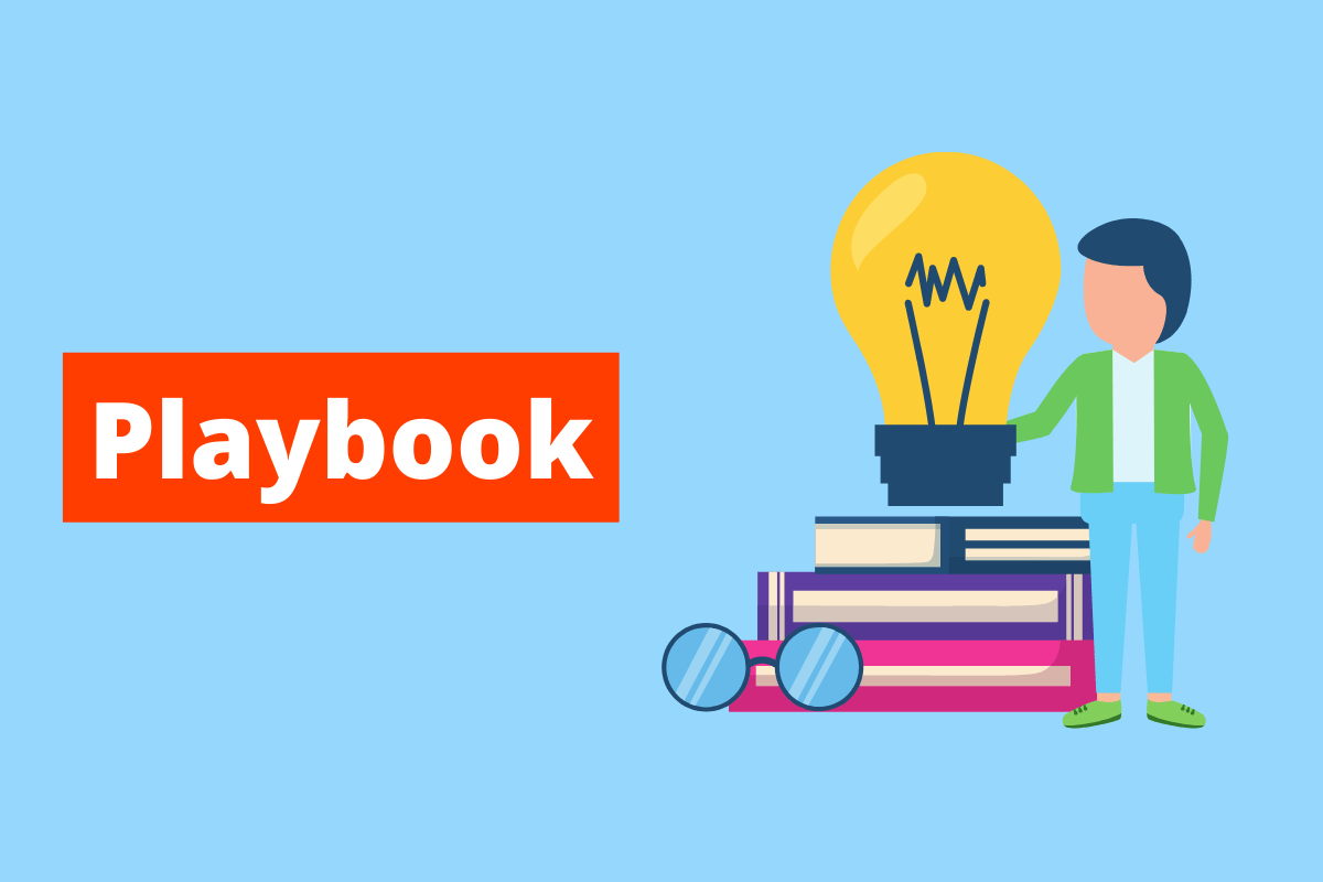 imagem de um homem do lado de vários livros, um óculos e uma lâmpada. O fundo da imagem é azul e tem-se escrito playbook