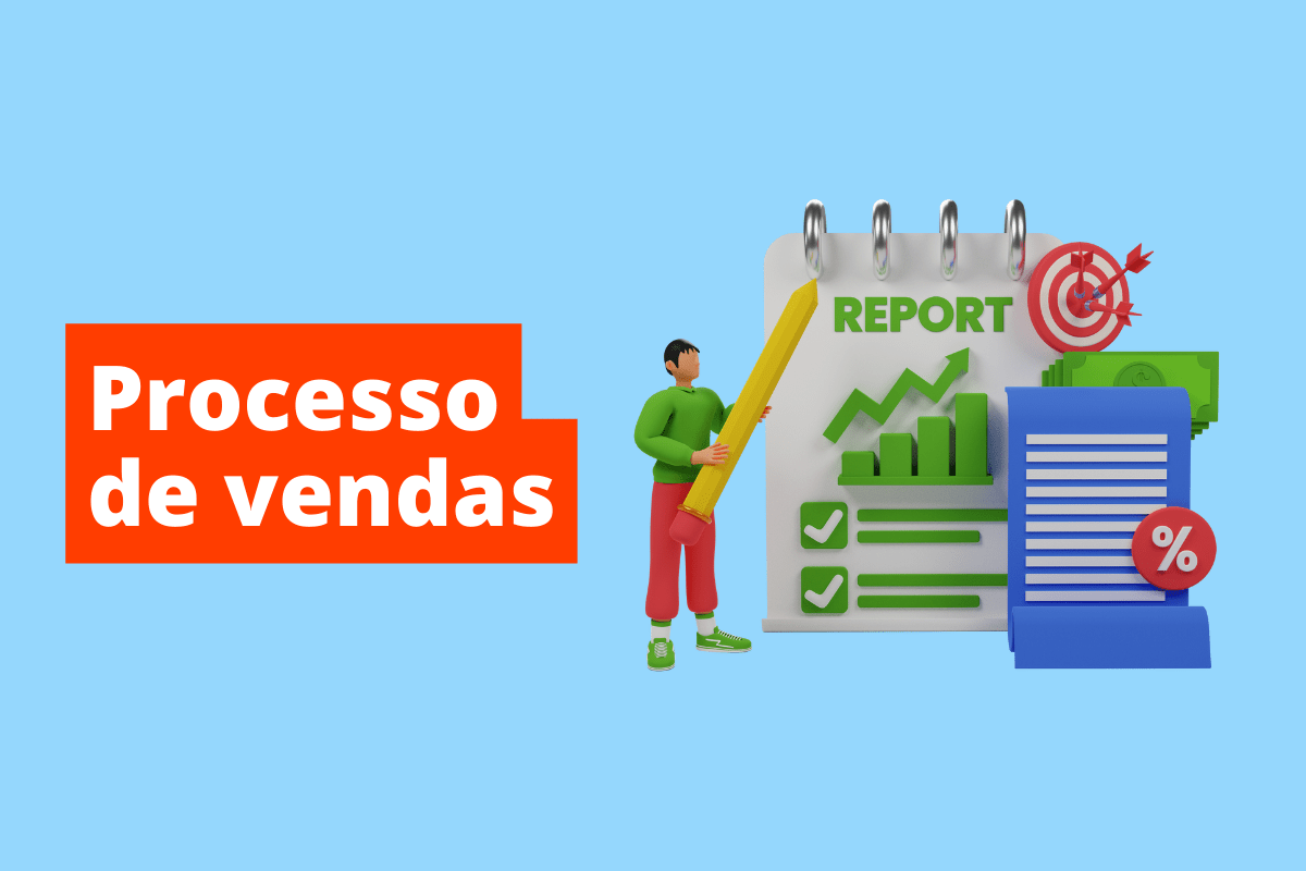 pessoa com um lápis apontando para um gráfico, relatório ao seu lado. O fundo da imagem é azul e tem-se escrito processo de vendas