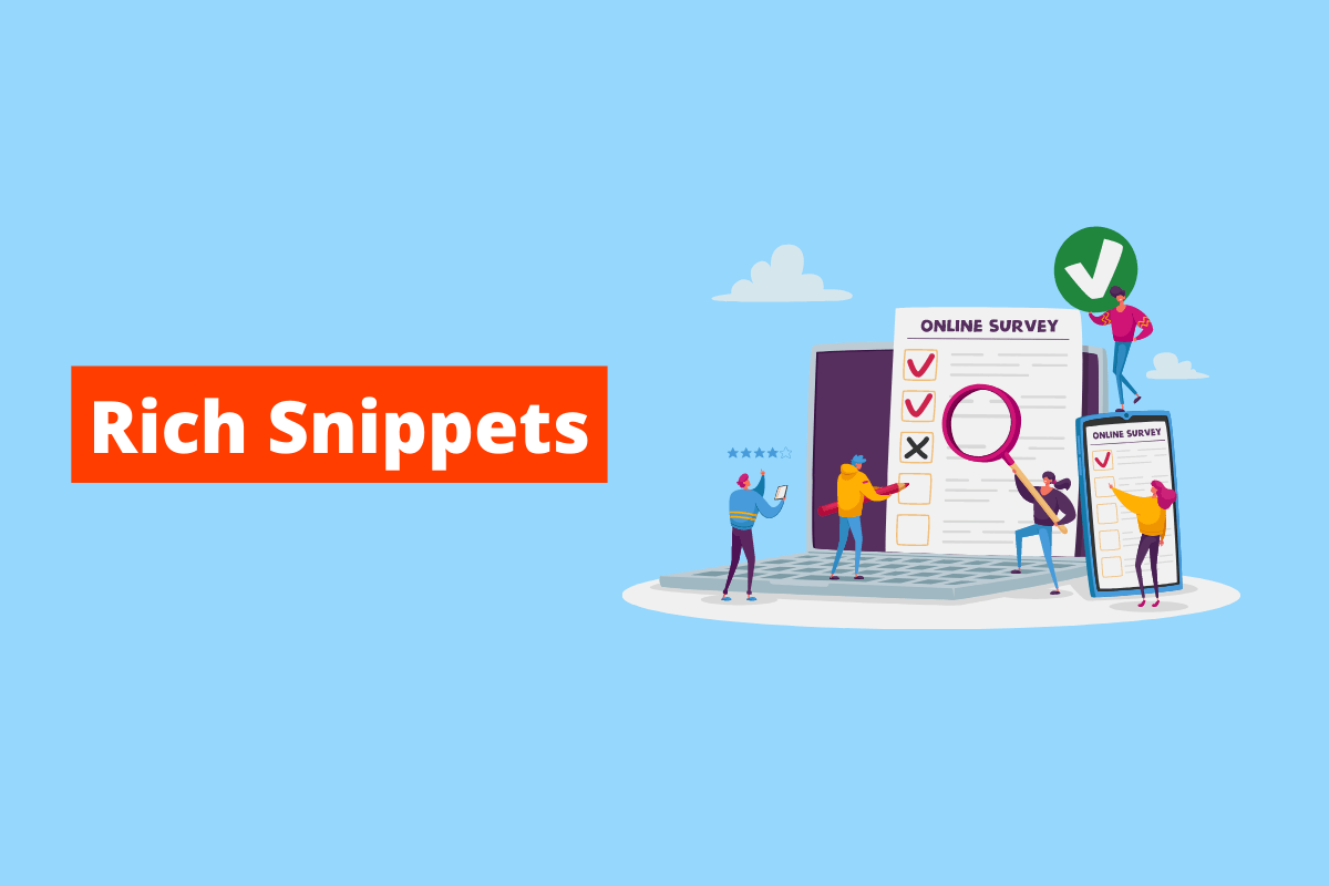 formulário gigante com várias pessoas trabalhando em volta dele. O fundo da imagem é azul e tem-se escrito rich snippets