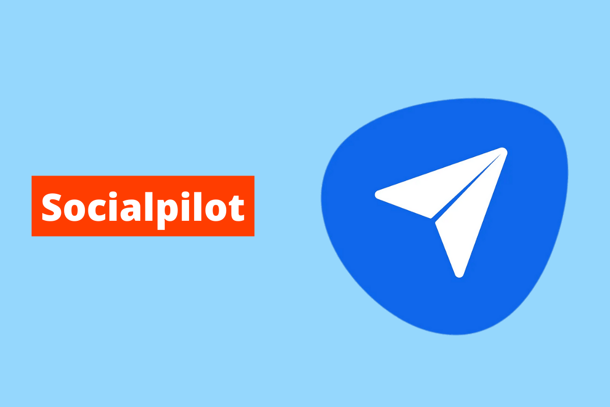 símbolo do socialpilot. O fundo da imagem é azul e tem-se escrito socialpilot