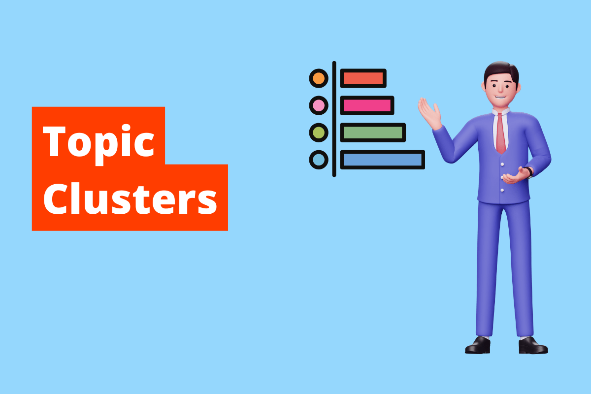 homem apresentando um gráfico. O fundo da imagem é azul e tem-se escrito topic clusters