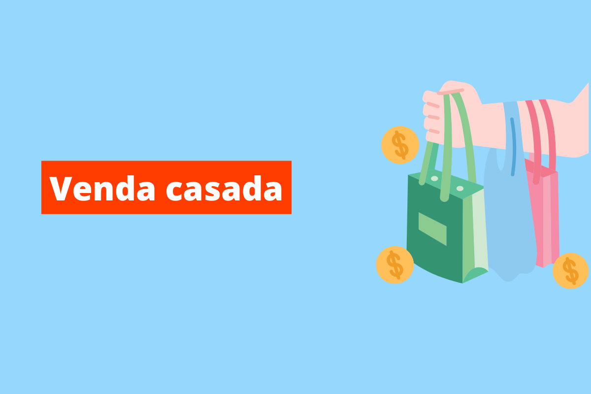 imagem de uma mão segurando sacolas. O fundo da imagem é azul e tem-se escrito venda casada