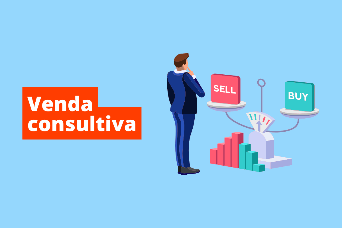 homem usando uma balança. O fundo da imagem é azul e tem-se escrito venda consultiva