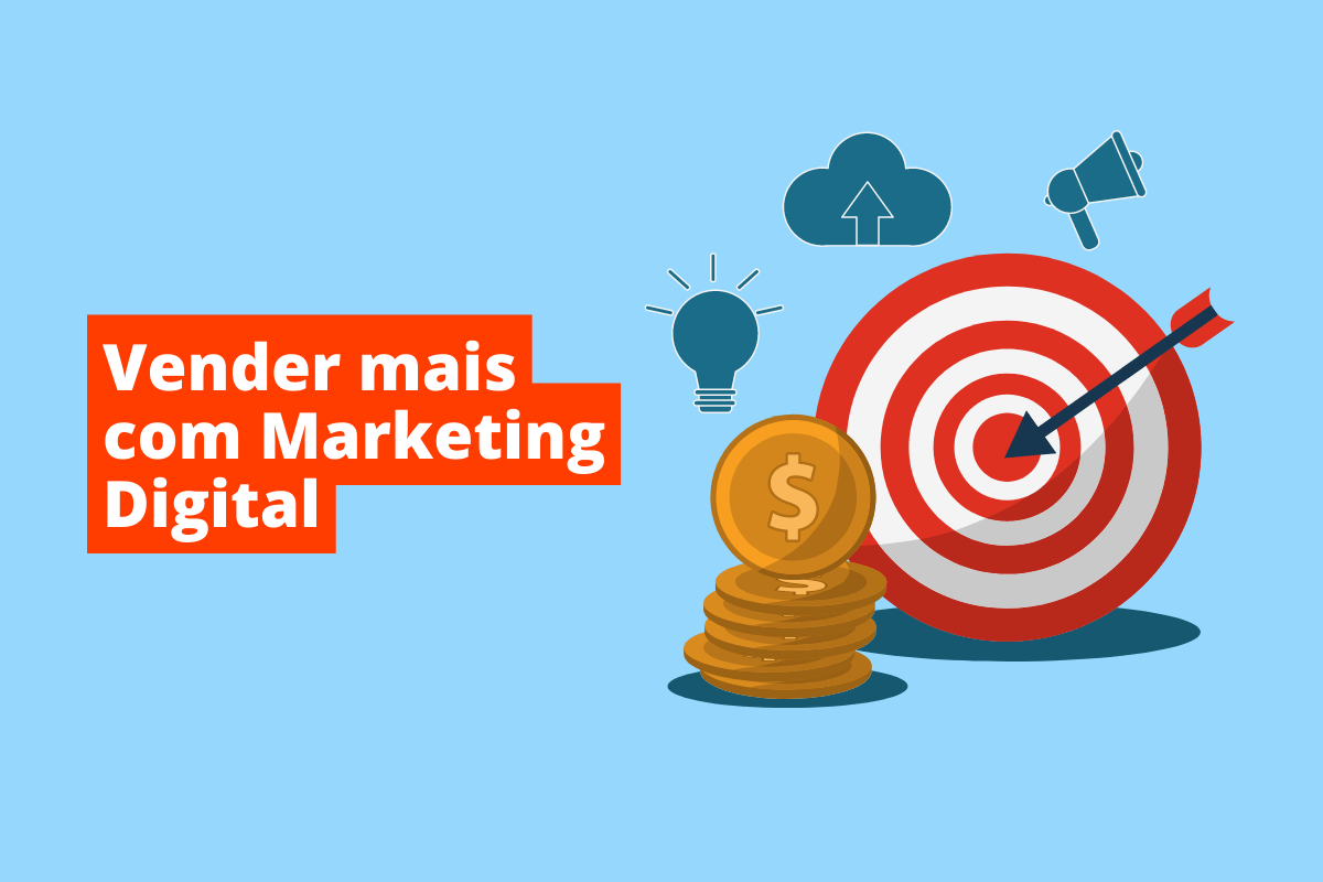imagem de um alvo com uma flecha no meio e um bloco de moedas do lado. O fundo da imagem é azul e tem-se escrito vender mais com Marketing Digital