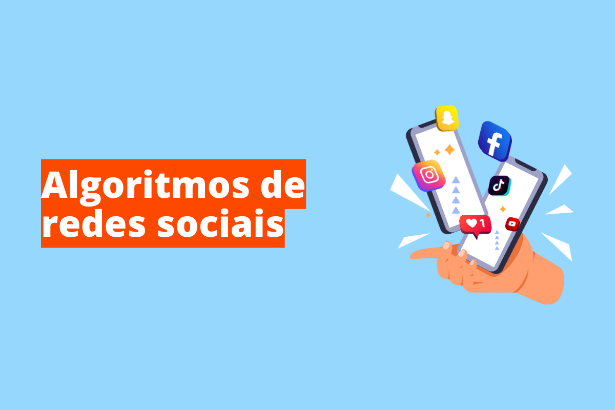 Montagem com fundo azul e frase em branco "Algoritmos de redes sociais" com fundo laranja e símbolo web à direita que representa o tema