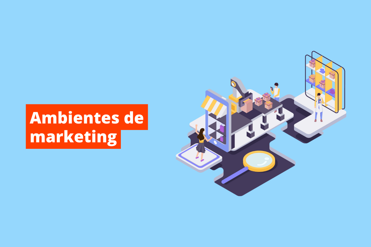 Imagem com quadro azul com nome Ambientes de marketing em branco com fundo laranja retangular e símbolo da web para um mercado comum