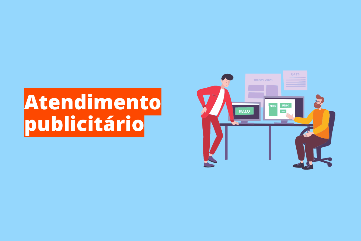 Montagem com fundo azul e nome em branco "Atendimento publicitário" com fundo laranja e símbolo web à direita que representa o tema