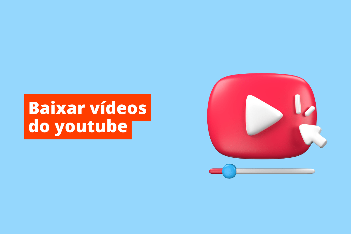 símbolo do youtube com um ponteiro do mouse no canto. O fundo da imagem é azul e tem-se escrito Baixar vídeo no youtube