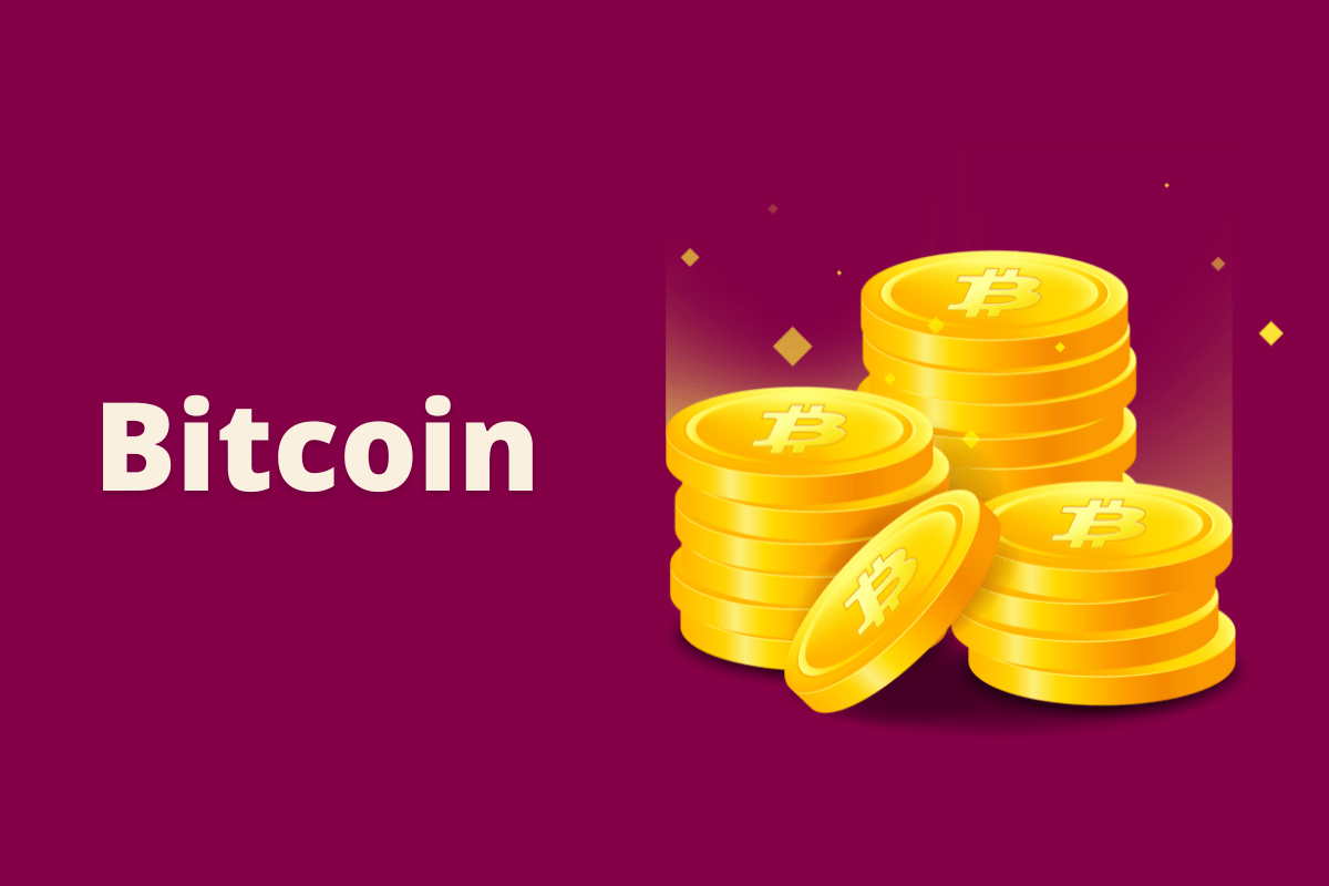 3 pilhas de moedas. O fundo da imagem é vinho e tem-se escrito bitcoin