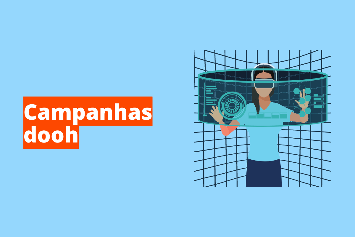 Montagem com fundo azul e nome em branco "Campanhas DOOH" com fundo laranja e símbolo web à direita que representa o tema