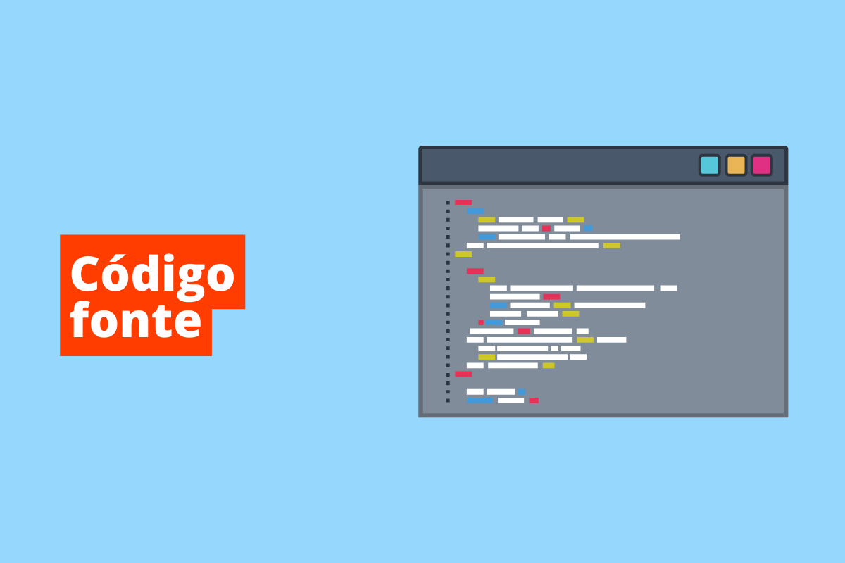 Montagem com nome código fonte sobre fundo laranja e ao lado símbolo do tema